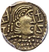 Great Britain.Anglo-Saxon. Kent, Eorcenberht, 640-664. Gold Thrymsa Shilling, 1.21 g. "Two Emperors" Shilling c. 650. D