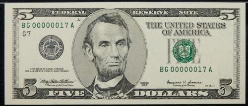 $5 FRN with low serial #00000017