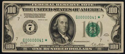 Very rare $100 1928 FRN star note #00000041*