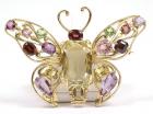 Multi Colored Stone, 14k Yellow Gold Butterfly Brooch
