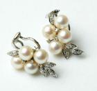 Pair of Pearl, Diamond, 14K White Gold Floral Design Earring