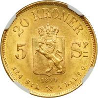 Norway. 5 Species-20 Kroner, 1874. NGC MS62 - 2