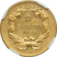 1866 $3 Gold. NGC AU53 - 2