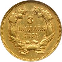 1874 $3 Gold. NGC AU55 - 2