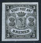 German States - Bremen 1855, 3gr black on blue, vertically laid paper