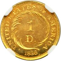 1836 Pattern Gold Dollar. Gold, plain edge. NGC PF67 - 2