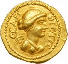 Julius Caesar, d. 44 BC. Gold Aureus (8.07 g) minted at Rome by moneyer L. Plancus, 45 BC