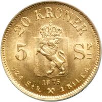 Norway. 5 Species-20 Kroner, 1875. ANACS MS65 - 2