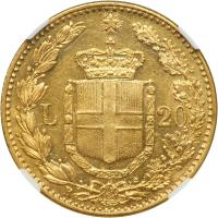 Italy. 20 Lire, 1889-R. NGC AU58 - 2
