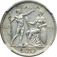 Italy. 20 Lire, 1928-R. NGC AU55 - 2