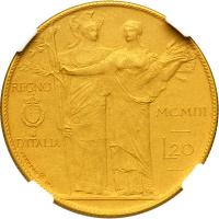 Italy. Pattern Gilt Bronze 20 Lire, 1903. NGC PF66 - 2