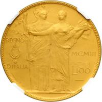 Italy. Pattern Gilt Bronze 100 Lire, 1903-R. NGC PF65 - 2