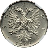 Albania. &frac12; Lek, 1926-R. NGC MS65 - 2
