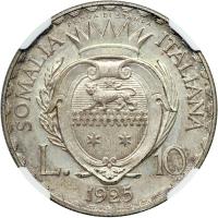 Italian Colonies - Italian Somaliland. Prova 10 Lire, 1925-R. NGC MS63 - 2