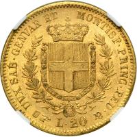 Italian States - Sardinia. 20 Lire, 1857-B. NGC AU58 - 2