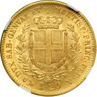 Italian States - Sardinia. 20 Lire, 1859-P. NGC AU58 - 2