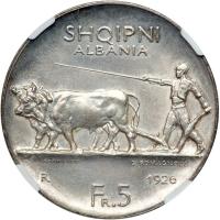 Albania. 5 Franki ari, 1926-R. NGC UNC - 2