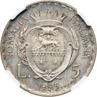 Italian Colonies - Italian Somaliland. Prova 5 Lire, 1925-R. NGC MS60 - 2