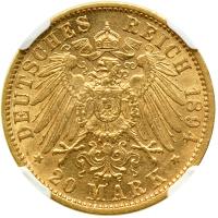 German States - Baden. 20 Marks, 1894-G. NGC AU58 - 2