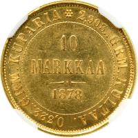 Finland. 10 Markkaa, 1878-S. NGC MS62 - 2