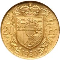 Liechtenstein. 20 Franken, 1930. NGC MS65 - 2