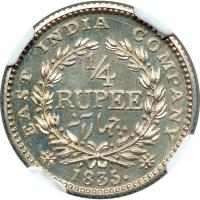 British India. Restrike ¼ Rupee, 1835-C. NGC MS61 - 2