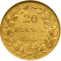 Belgium. 20 Francs, 1865. ICG AU50 - 2