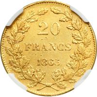Belgium. 20 Francs, 1865. NGC EF - 2