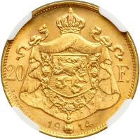 Belgium. 20 Francs, 1914. NGC MS65 - 2