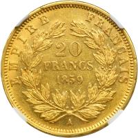 France. 20 Francs, 1859-A. NGC AU50 - 2