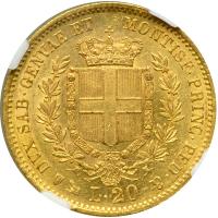 Italian States - Sardinia. 20 Lire, 1854-P. NGC AU55 - 2