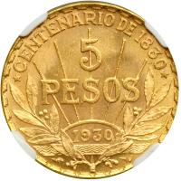 Uruguay. 5 Pesos, 1930. NGC MS63 - 2