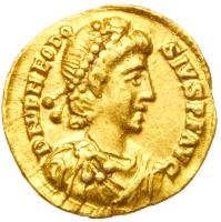 Theodosius I, AD 379-395. Gold Tremissis (1.36 g) minted at Mediolanum (Milan, Italy), AD 383-388