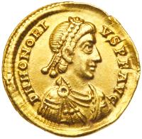 Honorius, AD 393-423. Gold Solidus (4.44 g) minted at Mediolanum (Milan), AD 393-402