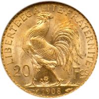 France. 20 Francs, 1908. NGC MS66 - 2