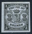 German States - Bremen 1855, 3gr black on blue, vertically laid paper - 2