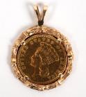 US $3 Liberty Head Coin, 14K Yellow Gold Pendant