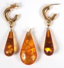 Pair of Amber, 14K Yellow Gold Drop Earrings & Pendant