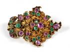 Antique Style 10K Yellow Gold Green & Pink Stone Floral Design Brooch