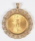 US $20.00 Gold Coin, 14K Yellow Gold, Diamond Pendant