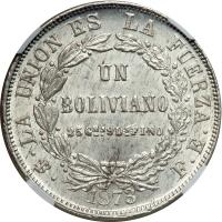 Bolivia. Boliviano, 1873-FE. NGC MS63 - 2