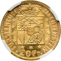 Liechtenstein. 20 Franken, 1946B. NGC MS65 - 2