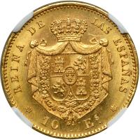 Spain. 10 Escudos, 1868 (68) (Madrid). NGC MS63 - 2