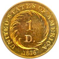 1836 Pattern Gold Dollar. Gold, plain edge. Judd-67. Pollock-70. Rarity 5. PCGS PF64 - 2