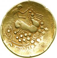 Celtic Coinage. Southwestern Gaul. Gironde Region. Gold Stater (7.86 g, 22 mm). Mouliets Series. 2nd century B.C. VF - 2