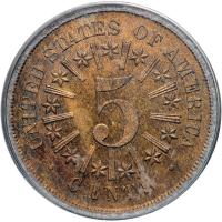 1866 Pattern Five Cents. Copper, plain edge. Judd-498. Pollock-584. High Rarity 7. PCGS PF64 - 2