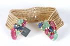 Carved Ruby, Emerald, Sapphire, Diamond, 14K Yellow Gold Bracelet