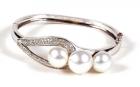 Pearl, Diamond, 14K White Gold Bangle Bracelet