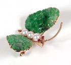 Jade, Cultured Pearl, Red Stone, 14K Yellow Gold Butterfly Brooch