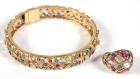 Matching Multi Colored Stone, 14K Yellow Gold Bangle Bracelet & Ring